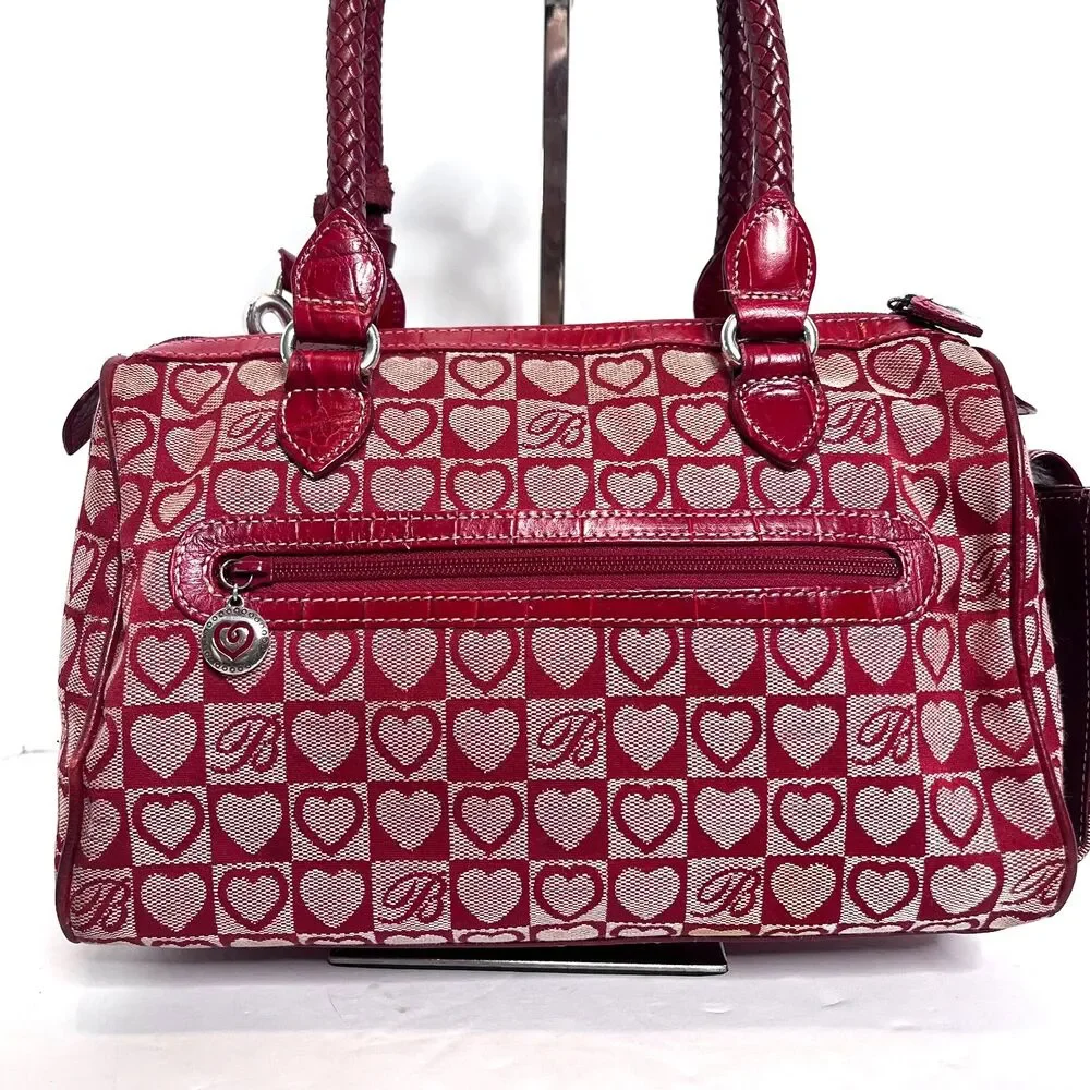 Brighton Red Heart Canvas & Croc Embossed Leather Vtg Satchel